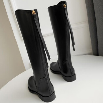 aty轻奢全皮冬季小个子高筒靴女不过膝长靴平底真皮长筒流苏后拉链