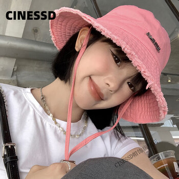 cinessd渔夫帽女夏季大帽檐遮阳防晒帽抽绳粉色大头围显脸小帽子粉色m