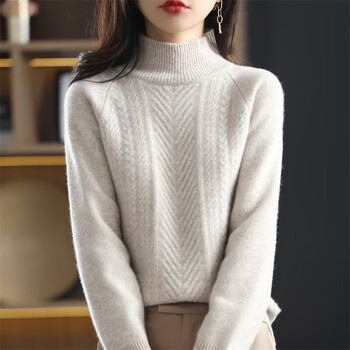 paulplg市高端100纯山羊绒衫女秋冬新款打底加厚宽松半高领毛衣米灰s