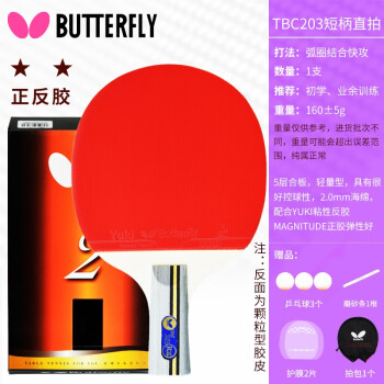 蝴蝶（Butterfly） 乒乓球拍二星三星四星级初学者乒乓板正反胶皮兵兵球拍横直单拍 【2星】TBC203-短柄直拍