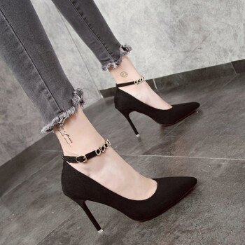 黑色一字扣高跟鞋女职业细跟7-10cm尖头百搭工作鞋面试单鞋绒面女