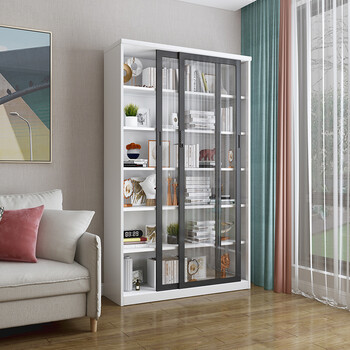 官方自营简约密码锁玻璃门书柜移门书房落地框架书橱多功能收纳展示柜