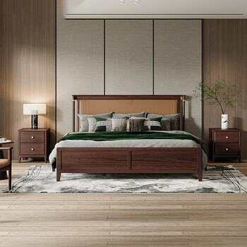 掌上明珠家居mz实木床胡桃木色新中式现代简约双人床原木主卧室家具