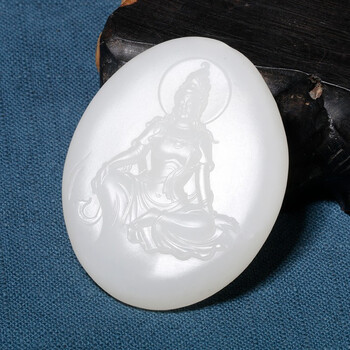 新疆省级玉雕大师翟学甲作品 新疆和田玉羊脂白玉菩萨吊坠挂件 玉观音