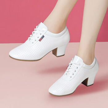 翡迹形体鞋 广场舞鞋白色真皮拉丁舞教师鞋女舞蹈鞋中跟交谊广场舞鞋