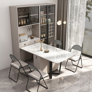 岩板折叠餐桌柜 酒柜 金属折叠椅*6