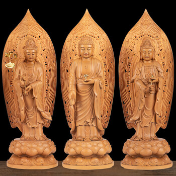紫运阁香樟木西方三圣观音佛像家用室大势至观世音阿弥陀佛神像摆件
