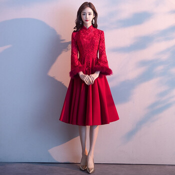 普乔羽新娘敬酒服旗袍秋冬季长袖加厚酒红色中长款显瘦结婚礼服裙深