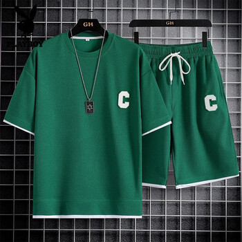 夏季初中生短袖衣服套搭配帅气男装跑步运动服 tz6028绿色(上衣 短裤)