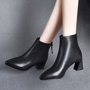靴女高跟鞋气质尖头靴子2022新款真皮女靴秋冬软皮法式踝靴黑色单里35