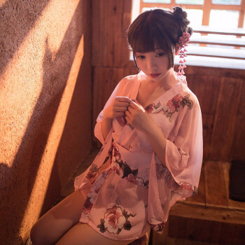 情趣内衣女式制服诱惑日式开襟低领雪纺印花和服性感套装粉和服腰封