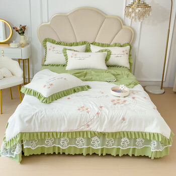 风女孩床上用品夏季被子被芯花边空调被果绿200230cm夏被床盖款四件套