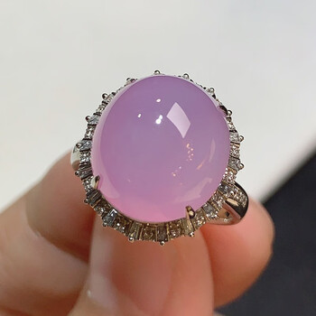 月亮阿姨翡翠冰种粉紫蛋面戒指 缅甸玉石蛋面翡翠18k金镶钻石珠宝首饰