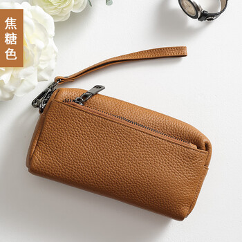 零钱手拿包女牛皮可放手机大容量妈妈款手腕包多层拉链零钱包焦糖色