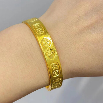 福韵礼传承古法手工錾刻黄金手镯实心吉言金开口镯复古风足金镯子女