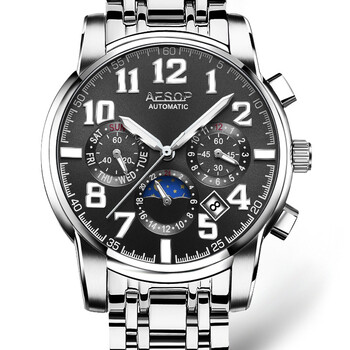 aesop伊索手表男士大数字夜光防水机械表 钢带黑面