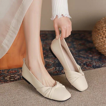 蓝尹情单鞋女奶奶晚晚温柔瓢鞋新款夏季珍秋平底女鞋鞋船鞋定制米白色