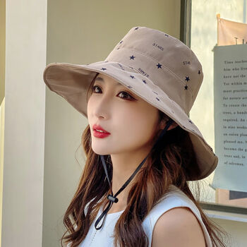 dnbg春秋季女渔夫帽大檐防风遮阳帽学生可折叠帽子户外帽子卡其色星星