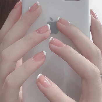 少女粉透色短款法式渐变珍珠美甲成品假指甲贴片穿戴式新娘孕妇 珍珠