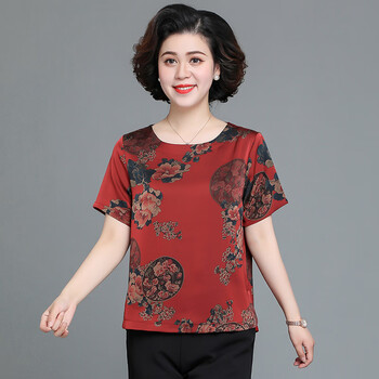 款加肥妈妈夏装中老年女装休闲套装短袖t恤两件红色上衣同款保证质量