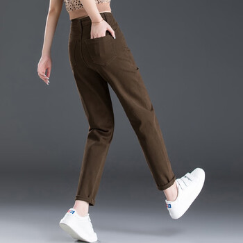 高腰牛仔裤女春秋深咖色裤子女2022新款宽松哈伦裤休闲老爹裤 咖啡色