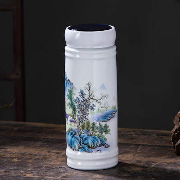 瑾睿茗瓷景德镇陶瓷双层内胆保温杯水杯陶瓷带盖便携青花瓷茶杯男女