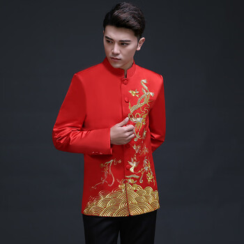 普戈斯秀禾服新郎中式结婚礼服夏古装秀和服红色男装刺绣中国风马褂