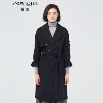 雪莲（SNOW LOTUS）秋冬新款山羊绒长款系带双排扣羊绒女大衣 黑色1628 S/100