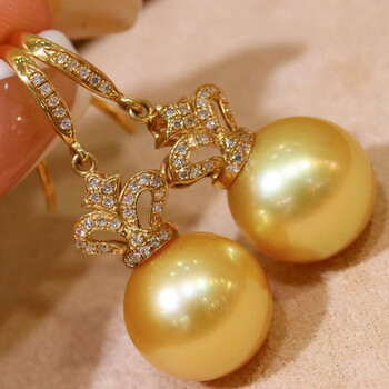 南洋半岛 菲律宾金珍珠耳坠 海水珍珠耳饰耳钉18k金镶钻石轻奢送女友