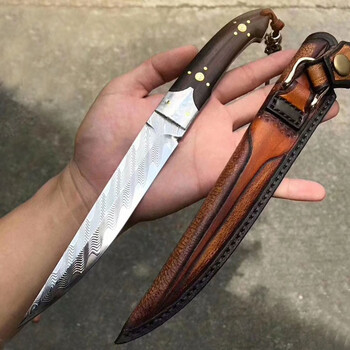 手工锻打进口大马士革钢多功能户外锋利已开刃小直刀锻打花纹战术短刀