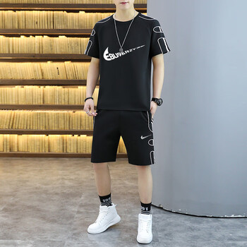 nike耐克夏季休闲运动套装男装大码跑步服短袖两件套 7203黑色套装(大