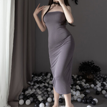 连衣裙女抹胸气质紧身显瘦中长裙绑带低胸包臀夜店开叉裙可外穿透明