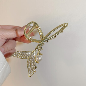 后脑勺高级感珍珠发夹鲨鱼夹子发卡2023年新款2金色钻石弧形鱼尾夹