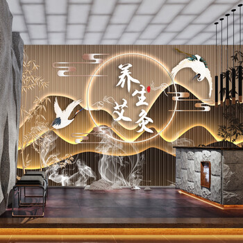 中医理疗店针灸正骨壁画养生会所前台装饰壁纸诊所诊室背景墙墙纸无缝