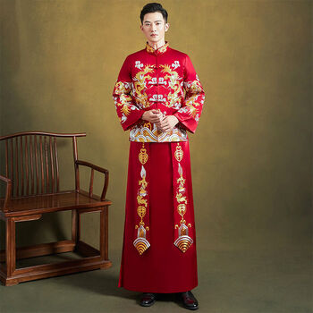 舒嘎秀禾服古装中式汉服结婚礼服新郎服男红色香槟色浅金色龙凤褂秋冬