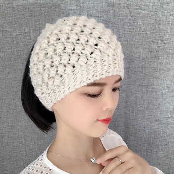 针织毛线发带韩国头饰宽边弹力个性编织欧美女秋冬保暖头巾发带帽 米