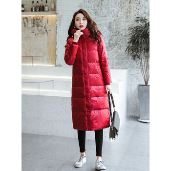 反季白鸭绒亮面免洗长款羽绒服女中长款过膝修身显瘦加厚外套 红色 s