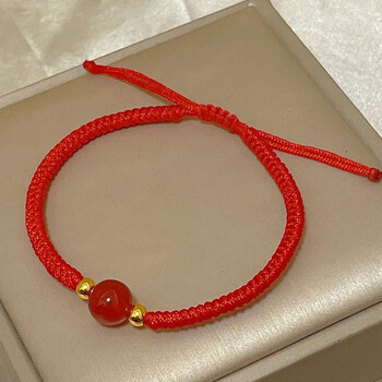 瑞诺 黄金红豆相思豆玛瑙手链女999足金手工编织手绳男情侣一对首饰品