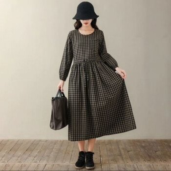 素订棉麻女装官方素素杭州春秋复古长袖格子条纹圆领连衣裙宽松气质