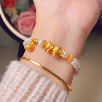 胤乃珠宝黄金在逃公主蝴蝶结手链女士足金转运珠铃铛珍珠手串黄金蝴蝶