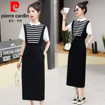 皮尔卡丹（pierre cardin）连衣裙子女夏胖大l码女装法式设计感收腰遮肚显瘦休闲长裙针织 黑(优雅温柔/减龄遮肉) L (建议108-120斤)