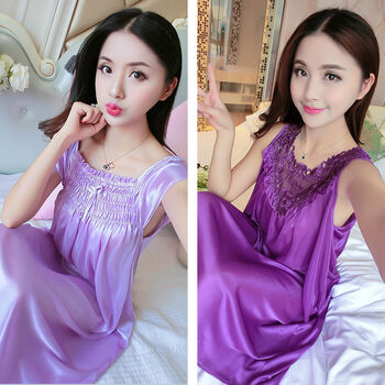 女士夏季睡裙睡裙女士夏季连衣裙性感透明冰丝睡衣秋女春秋季长款过膝