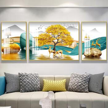 客厅沙发背景墙三联画 客厅新中式挂画山水画现代简约镶钻晶瓷画装饰