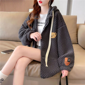 羊羔毛外套女秋冬季韩版宽松加绒加厚小个子羊羔绒开衫卫衣潮灰色s