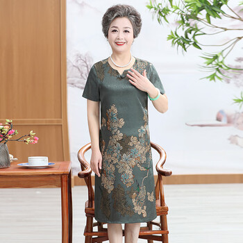 维辉中老年人女夏装连衣裙真丝中长款妈妈装新款旗袍