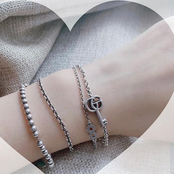 古驰(gucci) 925银做旧刻花钥匙手链  潮流百搭情侣同款首饰 双g钥匙