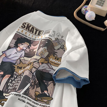 威佐仕假两件短袖t恤男夏季重磅宽松衣服男装学生卡通动漫情侣半袖