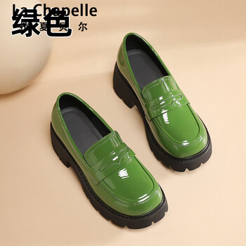 一43皮鞋女特大码漆皮单鞋女春秋新款真皮松糕厚 绿色5cm【头层牛皮】