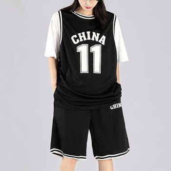 普乔羽假两件篮球衣女生夏装初中生篮球服假两件休闲篮球运动服套装女