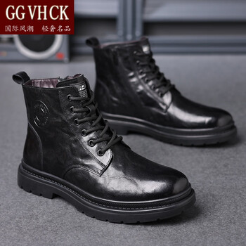 轻奢高端品牌男鞋真皮马丁靴男高帮英伦风ins中帮潮鞋工装靴百搭 黑色